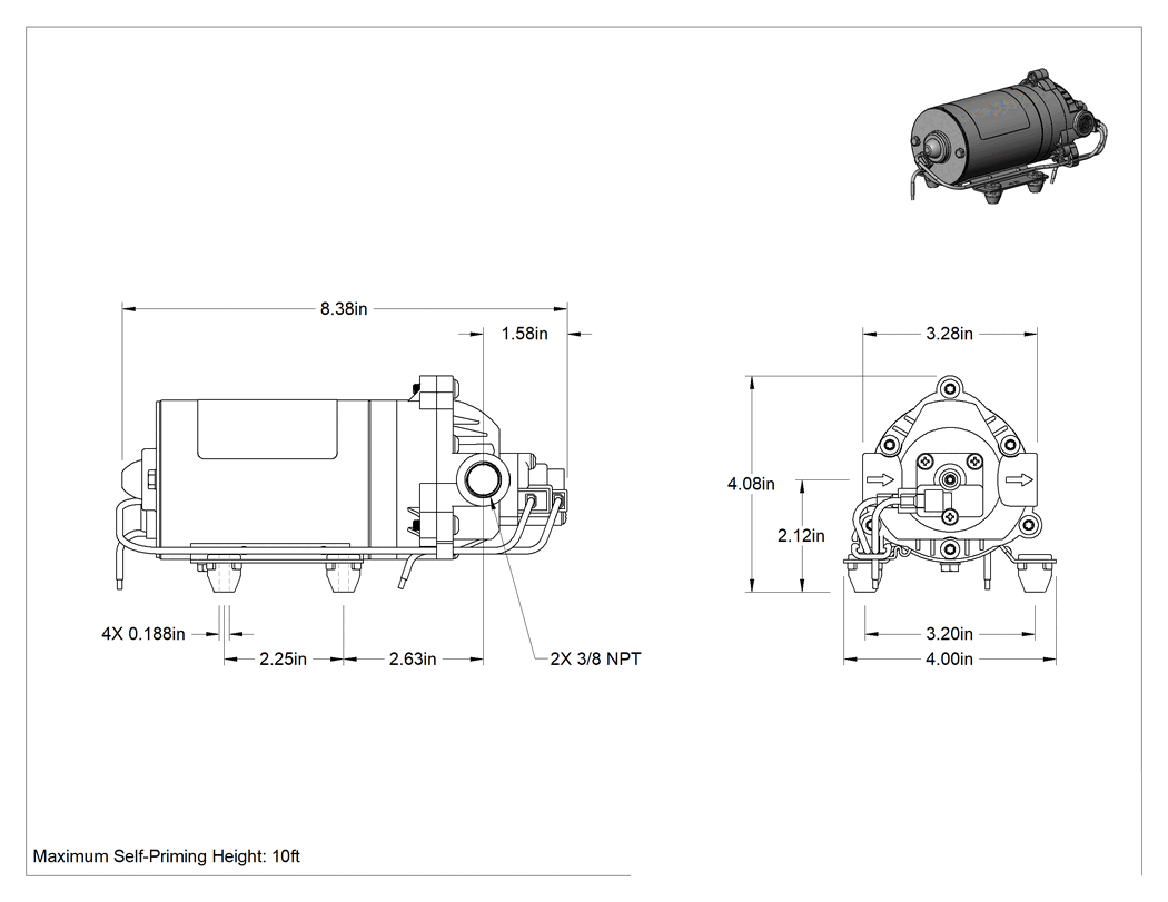 Teknik Çizim - Her Yönde Sabit Akış Hızlı Pompa, Su için, 12V DC, 1.8 gpm, 231 Maksimum Baş Uzunluğu