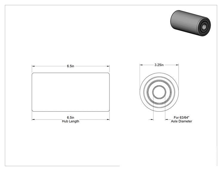 Teknik Çizim - Poliüretan Palet ve Forklift Tekerleği, Taç için Bilyalı Rulmanlı, 3-1/4" Çap x 6-1/2" Genişlik
