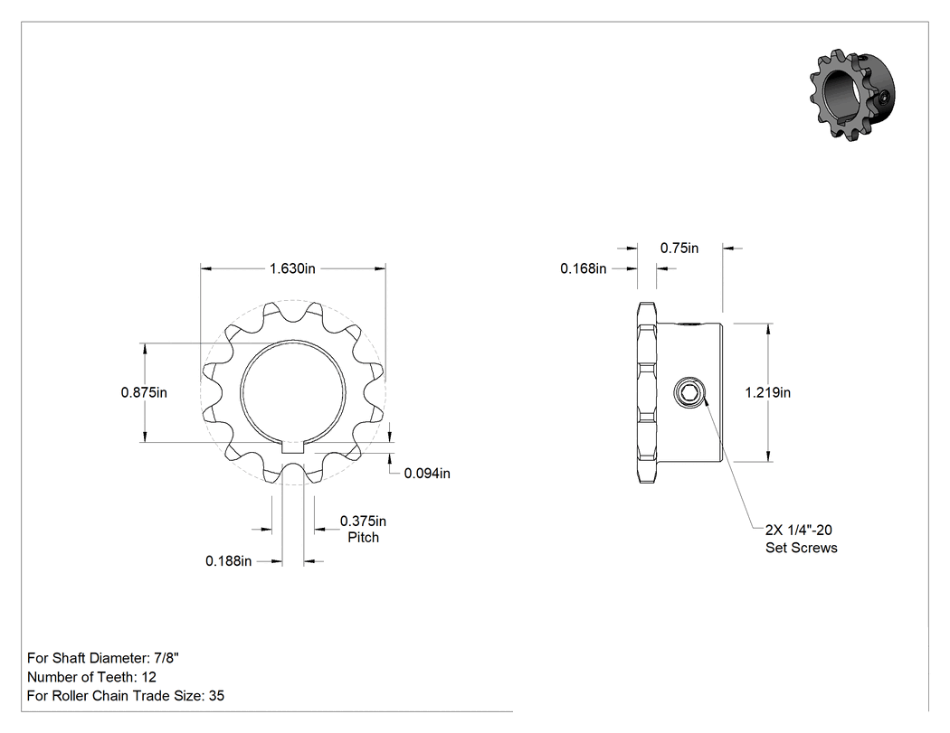 Teknik Çizim - Çelik Tek Sıralı Dişli, ANSI 35 Makaralı Zincir ve 7/8" Mil Çapı için, 12 Diş