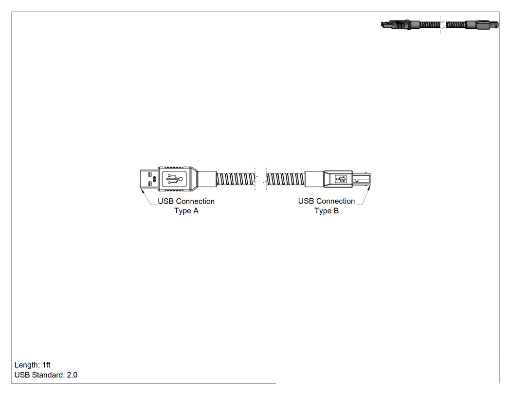 Teknik Çizim - Ezilmeye Dayanıklı USB Kablosu, Paslanmaz Çelik Yalıtımlı USB-A x USB-B Fiş, 1 Fit Uzunluğunda