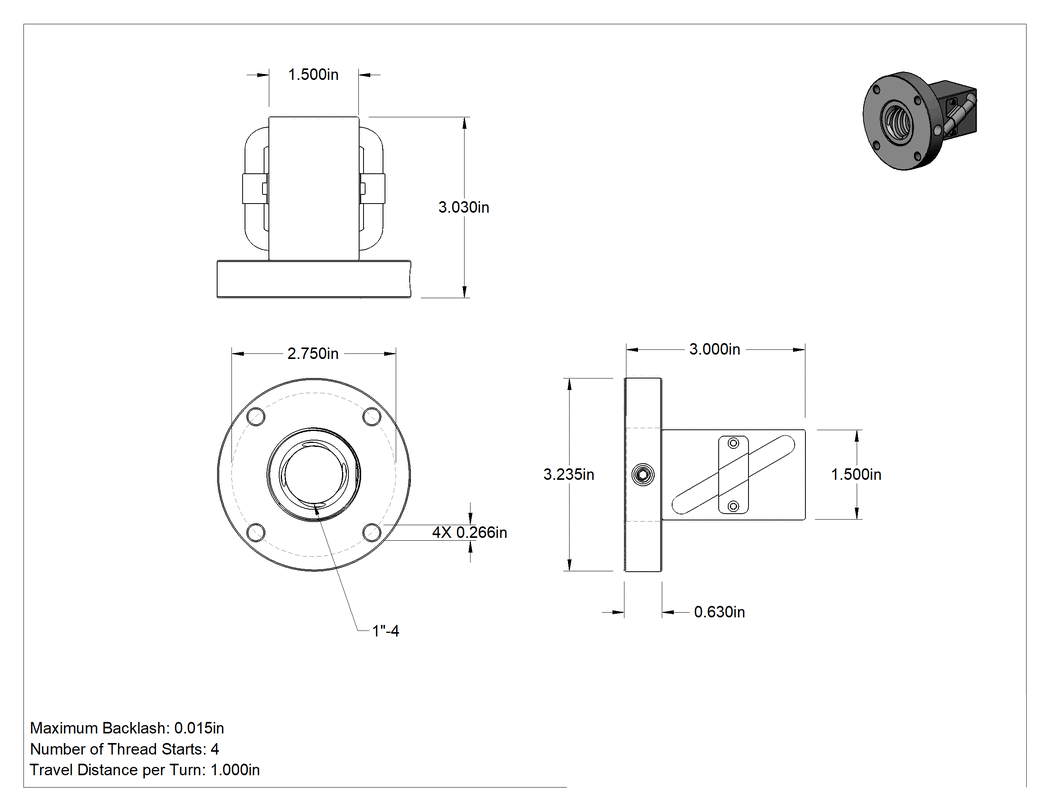 Teknik Çizim - Hızlı Hareketli Flanşlı Bilyalı Somun, 1"-4 Boyut, 3" Uzunluk