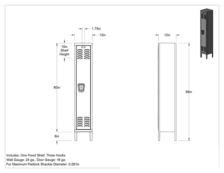 Teknik Çizim - Montaj Gereken Kilitli Dolap, 66 inç Toplam Yükseklik, 1 Aşağı x 1 Enine, 12" Genişlik x 12" İç Derinlik