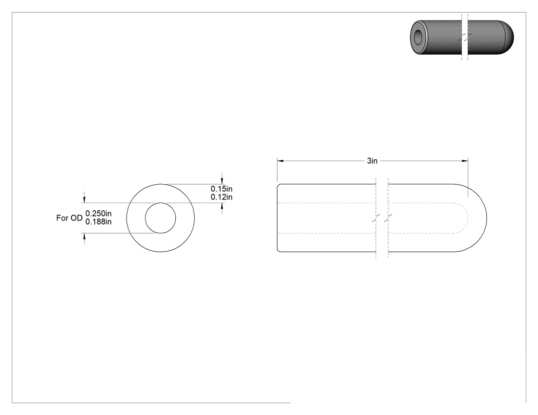 Teknik Çizim - Yastıklı Yuvarlak Tutamaklar, 3/16" ila 1/4" dış çap için, 3" Uzunluk