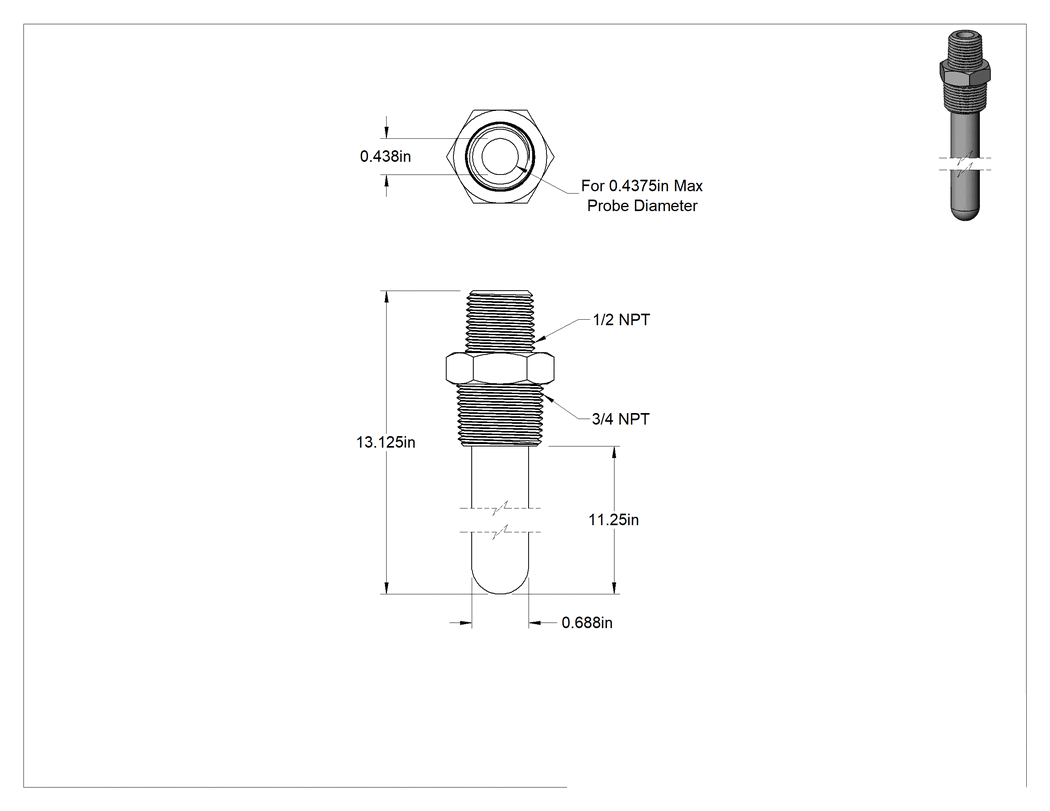 Teknik Çizim - Termokupl ve RTD Koruma Tüpü, Seramik, 11-1/4" Yerleştirme Uzunluğu