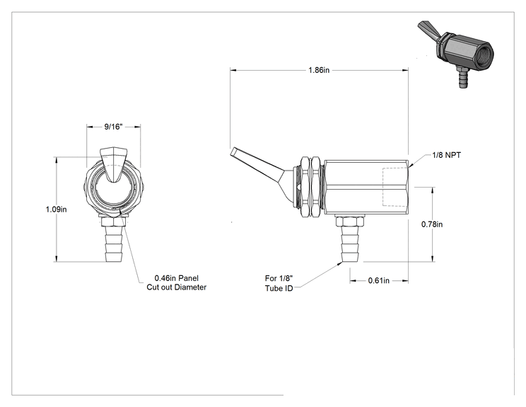 Teknik Çizim - Tırnaklı Bağlantı Parçalı Panele Monte Açma/Kapama Vanası, Toggle Anahtarı, 1/8 NPT Dişi x 1/8" Boru İç Çapı için