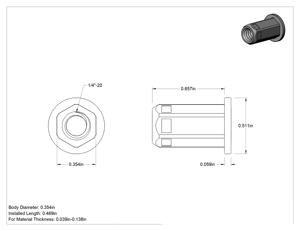 Teknik Çizim - Vida Kilitli Ağır Hizmet Tipi Bükülmeye Dayanıklı Perçin Somunları, 1/4"-20 Diş Boyutu, 0.039" ila 0.138" Malzeme Kalınlığı için