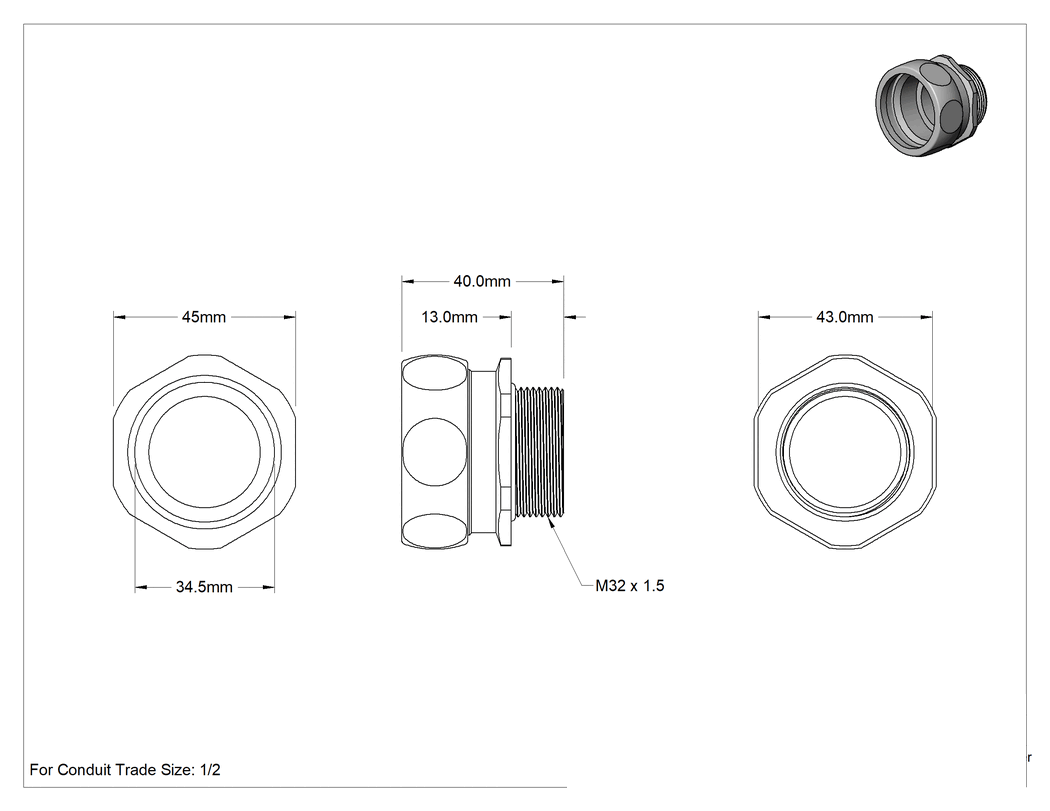 Teknik Çizim - 1 adet Ekranlı Esnek Plastik Kanal için Sıkıştırmalı Dişi x M32 Erkek Adaptör