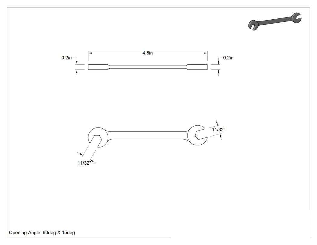 Teknik Çizim - 60 Derece Açılı Açık Uçlu Anahtar, Siyah Oksit Kaplamalı, 11/32" X11/32" Boyut, 4-3/4" Toplam Uzunluk
