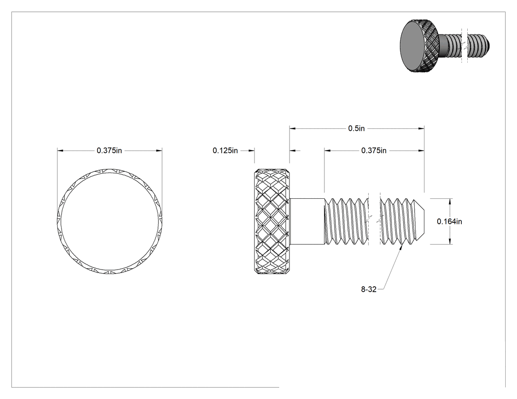Teknik Çizim - Tırtıllı Başlı El Vidası, Paslanmaz Çelik, Düşük Profilli, Kısmi 8-32 Diş, 1/2" Uzunluk, 3/8" Çap