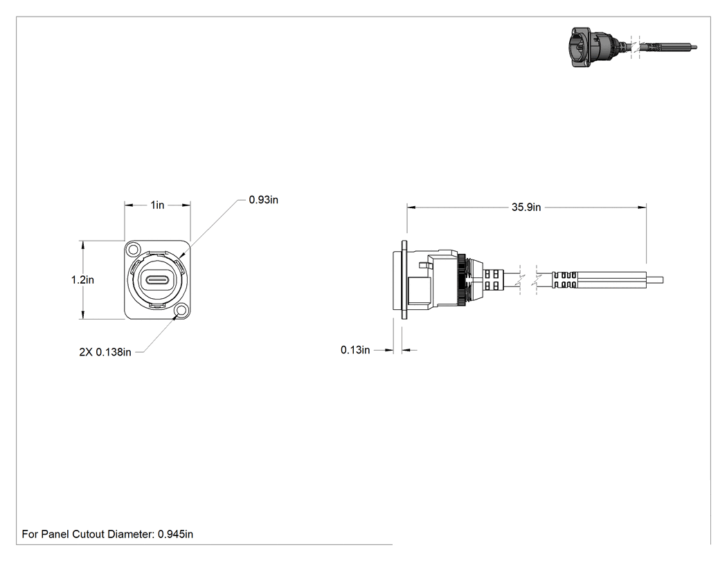 Teknik Çizim - Panele Monte USB Kablosu, USB 3.2 Gen 1, C Fiş x C Siyah Krom Kaplama Soket, 3' Uzunluk