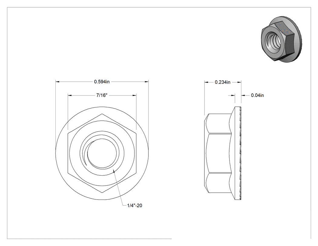 Teknik Çizim - Pirinç Tırtıklı Flanş Somunları, 1/4"-20 Diş Boyutu