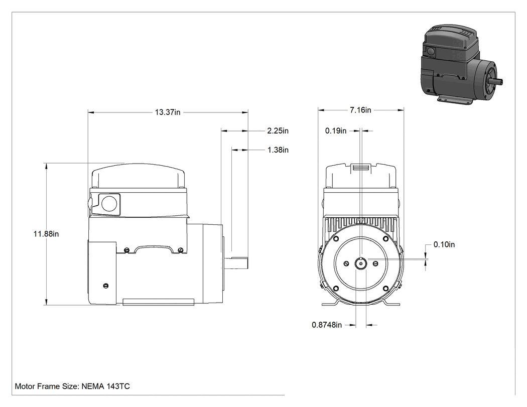 Teknik Çizim - Programlanabilir Taban/Yüzeye Monte Hız Kontrol Motoru, 120V AC, Tek Faz, NEMA 143TC, 1 hp