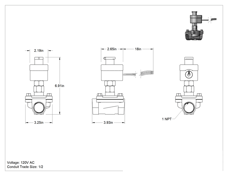 Teknik Çizim - Premium Solenoid Açma/Kapama Valfi, Normalde Açık, 110V/120V AC, 1 NPT Dişi