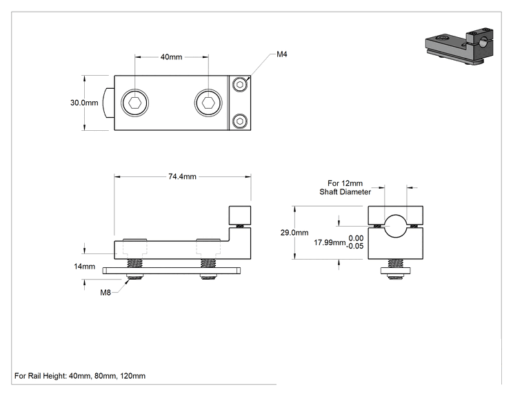 Teknik Çizim - T-Yivli Çerçeveleme için Mil Desteği, 40 mm Yüksekliğinde Tek Ray ve 12 mm Mil Çapı için, 75 mm Uzunluk