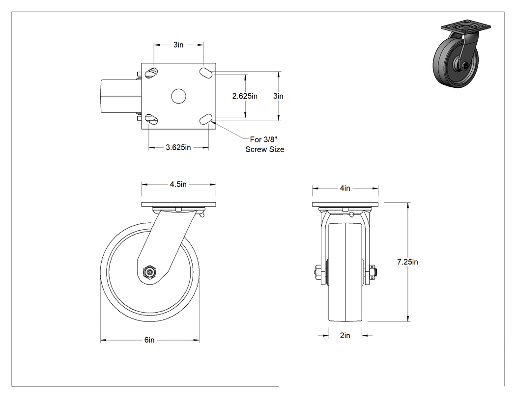 Teknik Çizim - 4-1/2" x 4" Plakalı Yüksek Kapasiteli Spartan Tekerlek, 6 inç Çapında Açık Rulmanlı Poliüretan Tekerlekli Döner