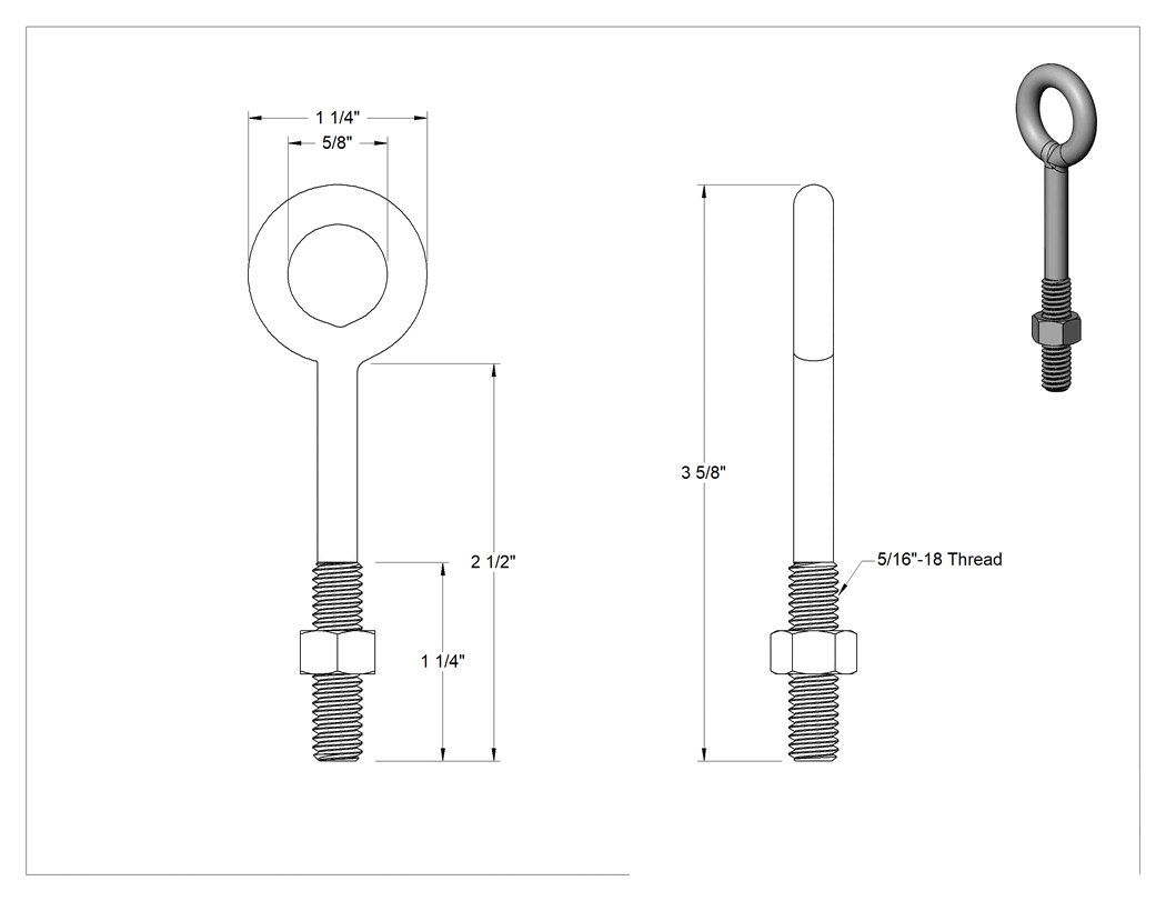 Teknik Çizim - Kapalı Gözlü Yönlendirme Aybolt - Kaldırma Amaçlı Değildir, Somunlu Çinko Kaplı Çelik, 5/16"-18 Diş Boyutu