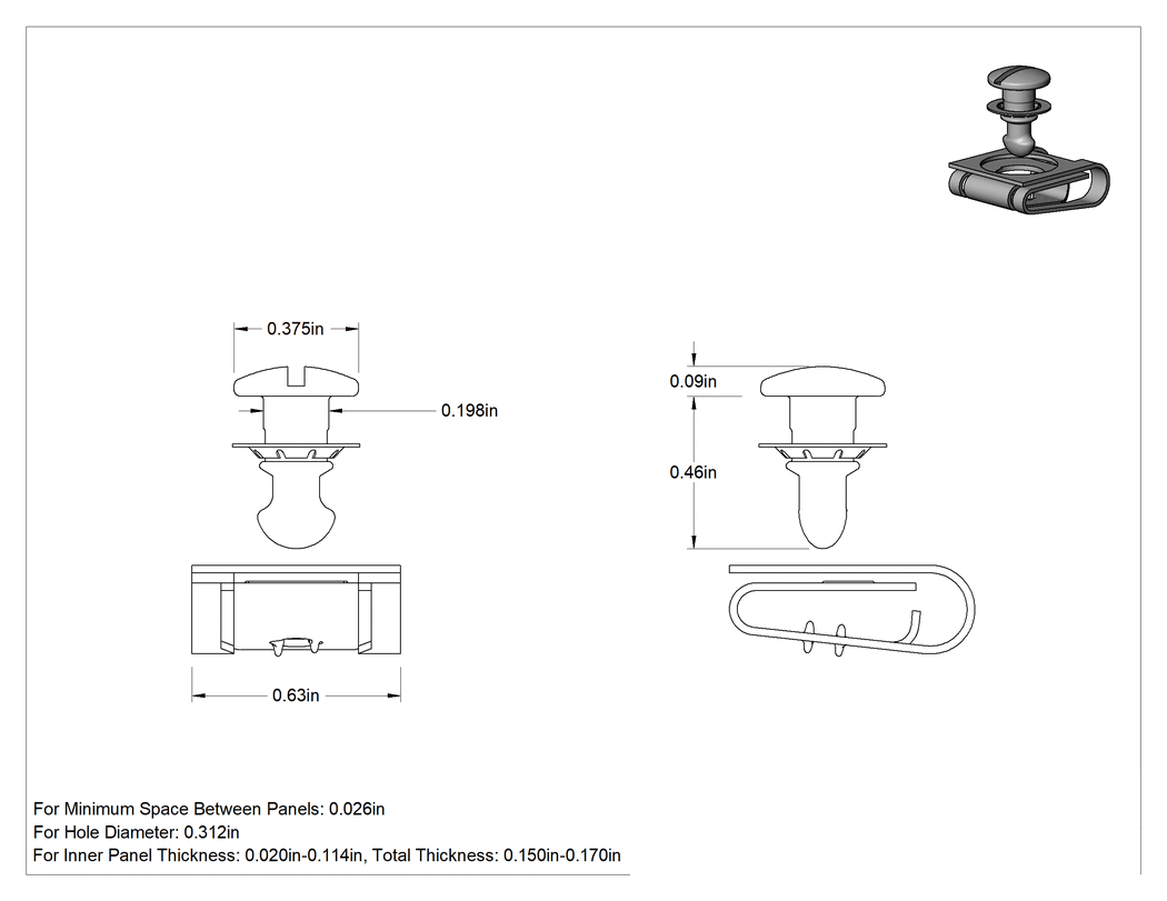 Teknik Çizim - Çinko Kaplı Çelik Çeyrek Dönüşlü Sabit Panel Vidası, Klipsli Somunlu, Yarık, 0.02"-0.114" iç kalınlık için