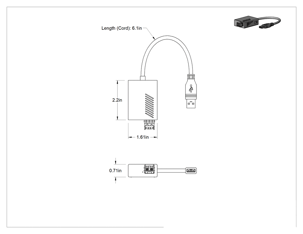 Teknik Çizim - USB Adaptör Kablosu, A Fiş x LC Soket, Tek Mod, 6 inç Uzunluk