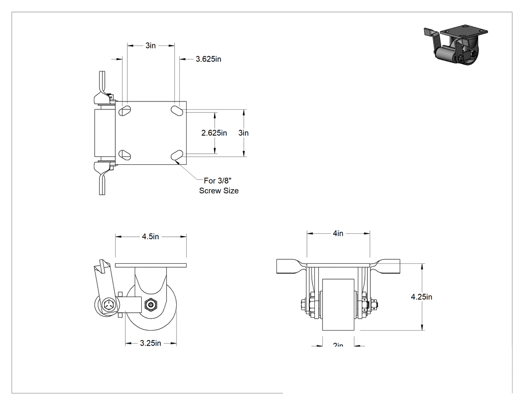Teknik Çizim - 4-1/2" x 4" Plakalı Yüksek Kapasiteli Spartan Tekerlek, Frenli ve 3-1/4" Çaplı Açık Rulmanlı Metal Tekerlekli Sert
