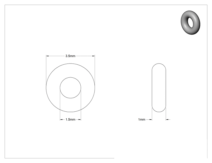 Teknik Çizim - Kimyasallara Dayanıklı Viton® Floroelastomer O-Ring, Süper Esnek, 1 mm Genişlik, 1.5 mm İç Çap, 3.5 mm Dış Çap