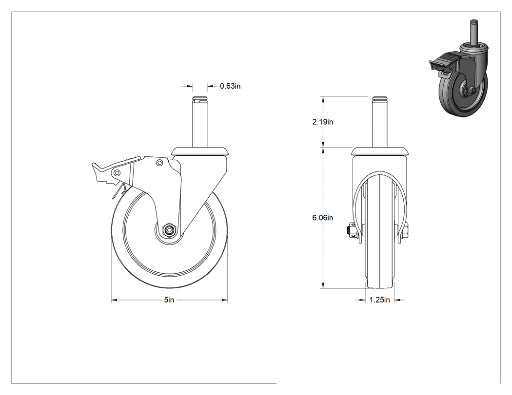 Teknik Çizim - Sürtünmeli Tutuşlu Mil Dönüşlü Tekerlek, Segmanlı, Total Lock ve 5" Çaplı 65A Lastik Tekerlek