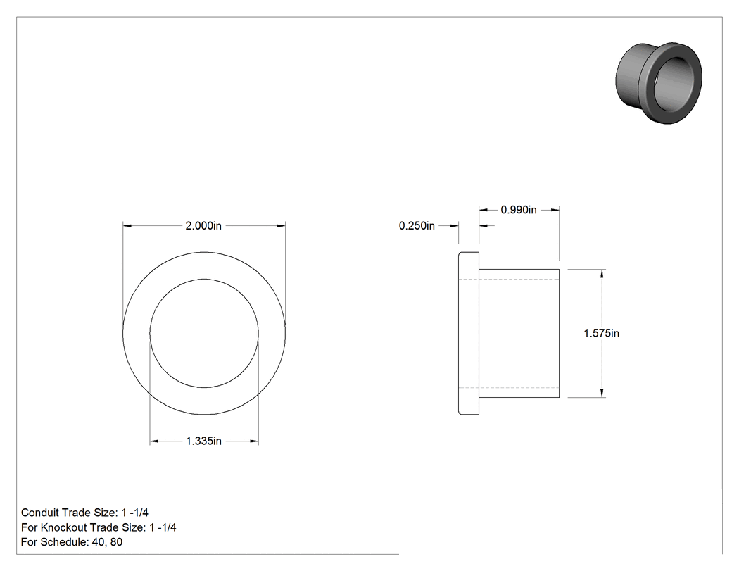 Teknik Çizim - Sert PVC Boru için 1-1/4 Boru - Delikli Erkek Adaptör