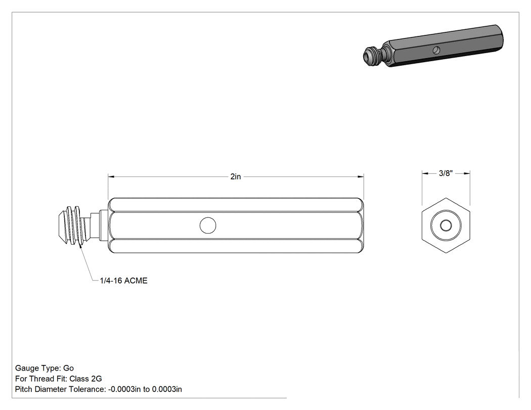 Teknik Çizim - Saplı Dişli Tıkaç Ölçer, Go, 1/4"-16 Acme Dişi