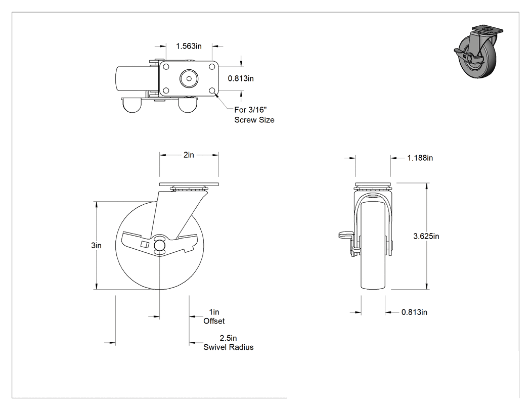 Teknik Çizim - Dar Alanlar için Döner Tekerlek, Frenli ve 3" Çapında Yumuşak Kauçuk Tekerlekli