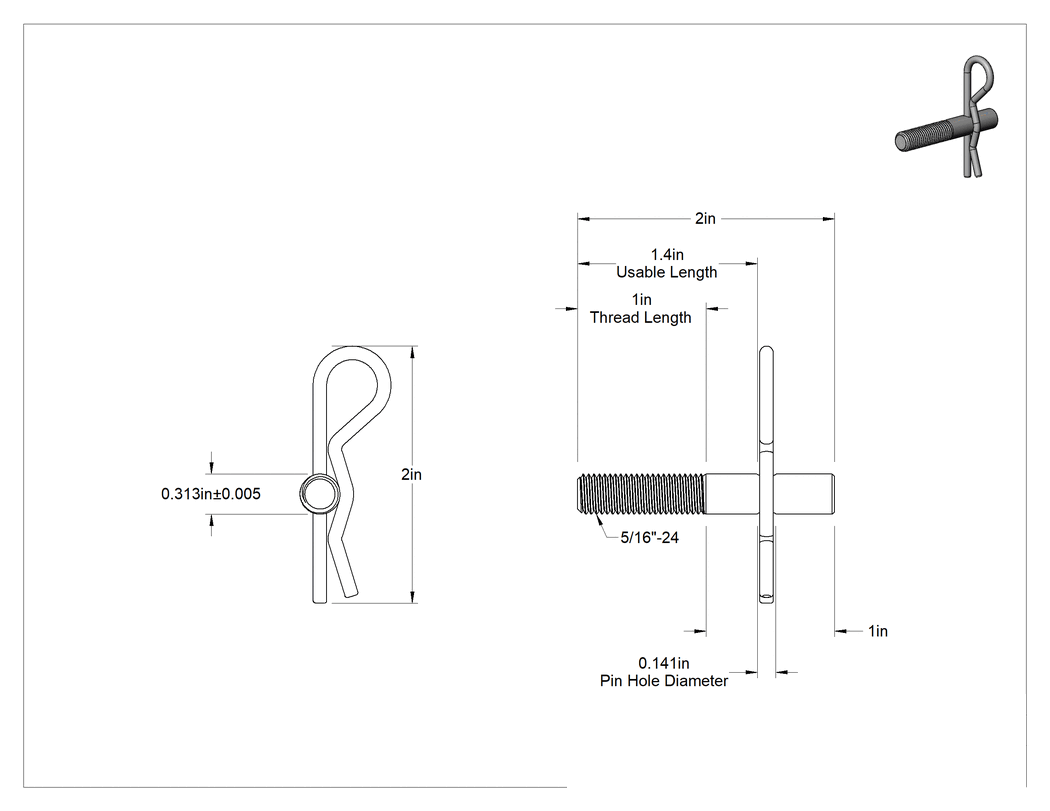 Teknik Çizim - Bir Ucu Kopilyalı Saplama ile Vidalı, 18-8 Paslanmaz Çelik, 5/16"-24 Diş, 2" Uzunluk