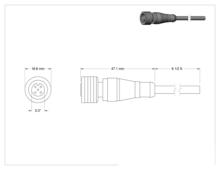 Teknik Çizim - Mikro M12 İtmeli Sinyal/Güç Konektörleri, Tel Uçlu Düz Soket