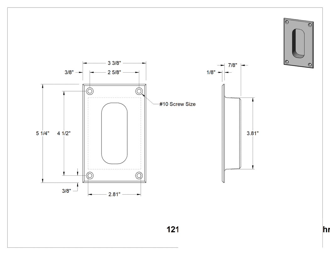 Teknik Çizim - Dişsiz Delikli Gömme Çekme Kolu, Siyah Toz Boyalı Çelik, 5-1/4" Yükseklik x 3-3/8" Genişlik