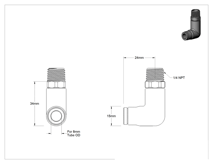 Teknik Çizim - Hava ve Su için Paslanmaz Çelik Bas-Bağlan Tüp Bağlantı Elemanı, 8 mm Dış Çaplı Boru için Uzun 90 Derece Adaptör, 1/4 NPT