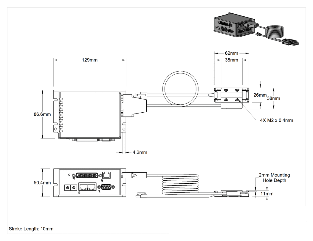 Teknik Çizim - Düşük Profilli Elektrikli Konumlandırma Kaydırma, Otomatik Kontrollü, 10 mm Strok Uzunluğu, 38 mm Toplam Genişlik