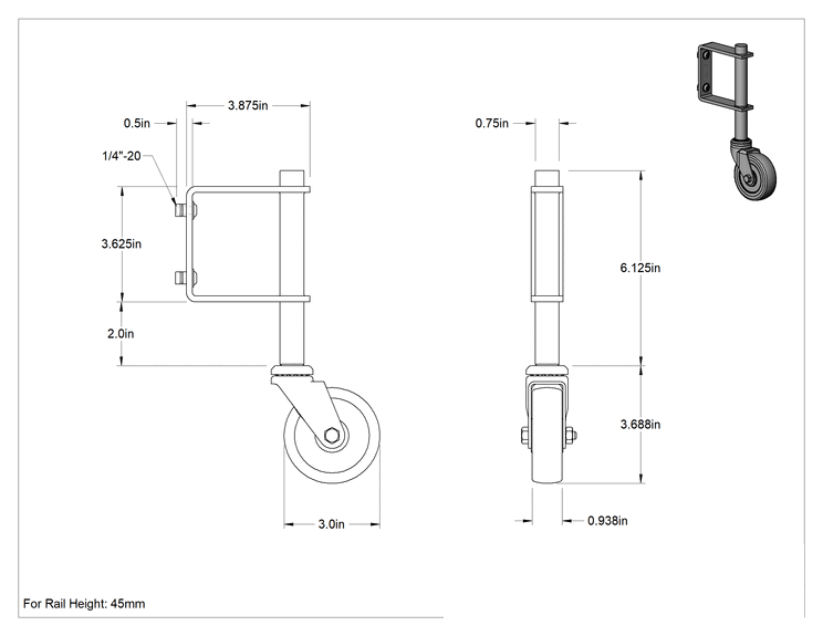 Teknik Çizim - T-Yivli Çerçeve Tekerleği, Uzatılmış Yan Montaj, 45 mm Yüksekliğinde Ray, 3" Poliüretan Tekerlek