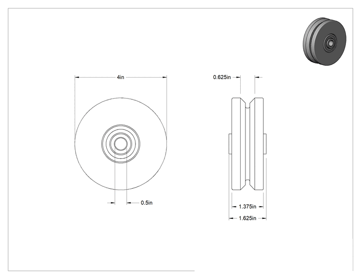 Teknik Çizim - 303 Paslanmaz Çelik V-Oluklu Ray Tekerleği, 4" Çap x 1-3/8" Genişlik
