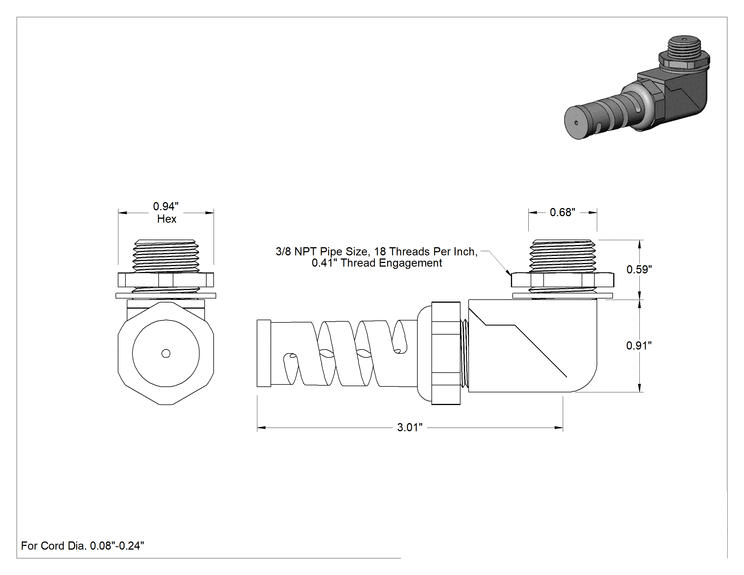 Teknik Çizim - 90 Derece Dirsek Dalgıç Kablo Tutucu, Sürekli Esnek Plastik, 0.08" ila 0.24" Dış Çap için, 3/8 NPT