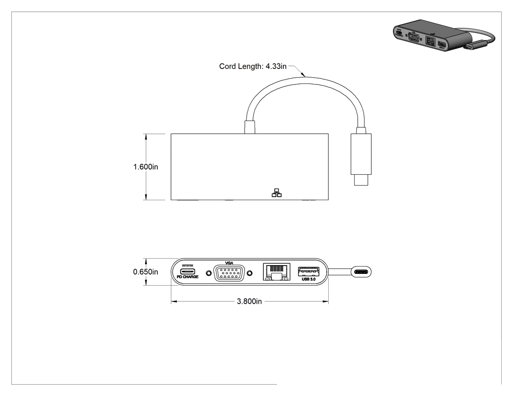 Teknik Çizim - USB Standart 3.2 Gen 1 Hub, Dişi USB A ile Erkek USB C, USB C, HD15 ve RJ45 Bağlantıları