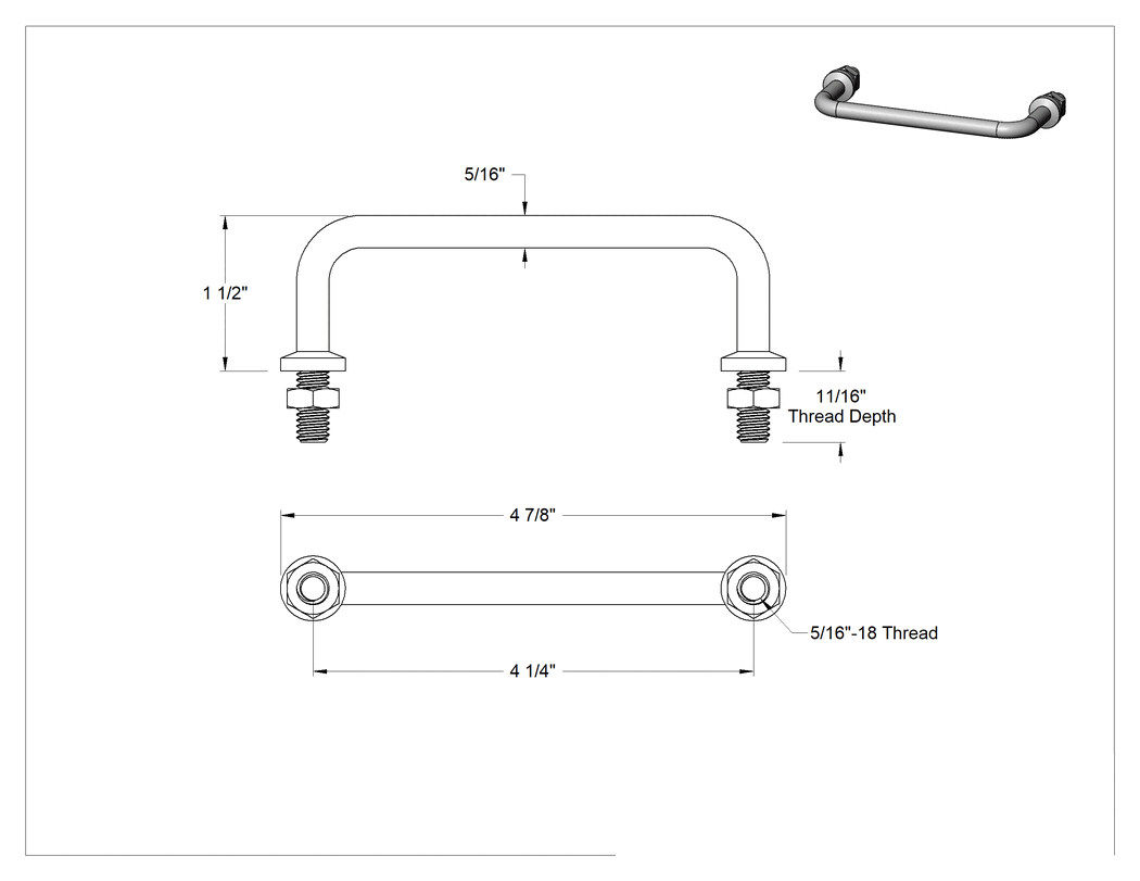Teknik Çizim - Yuvarlak Tutma Kolu, 5/16"-18 Dişli Saplamalı, 4-1/4" Merkezden Merkeze Genişlik, 303 Paslanmaz Çelik