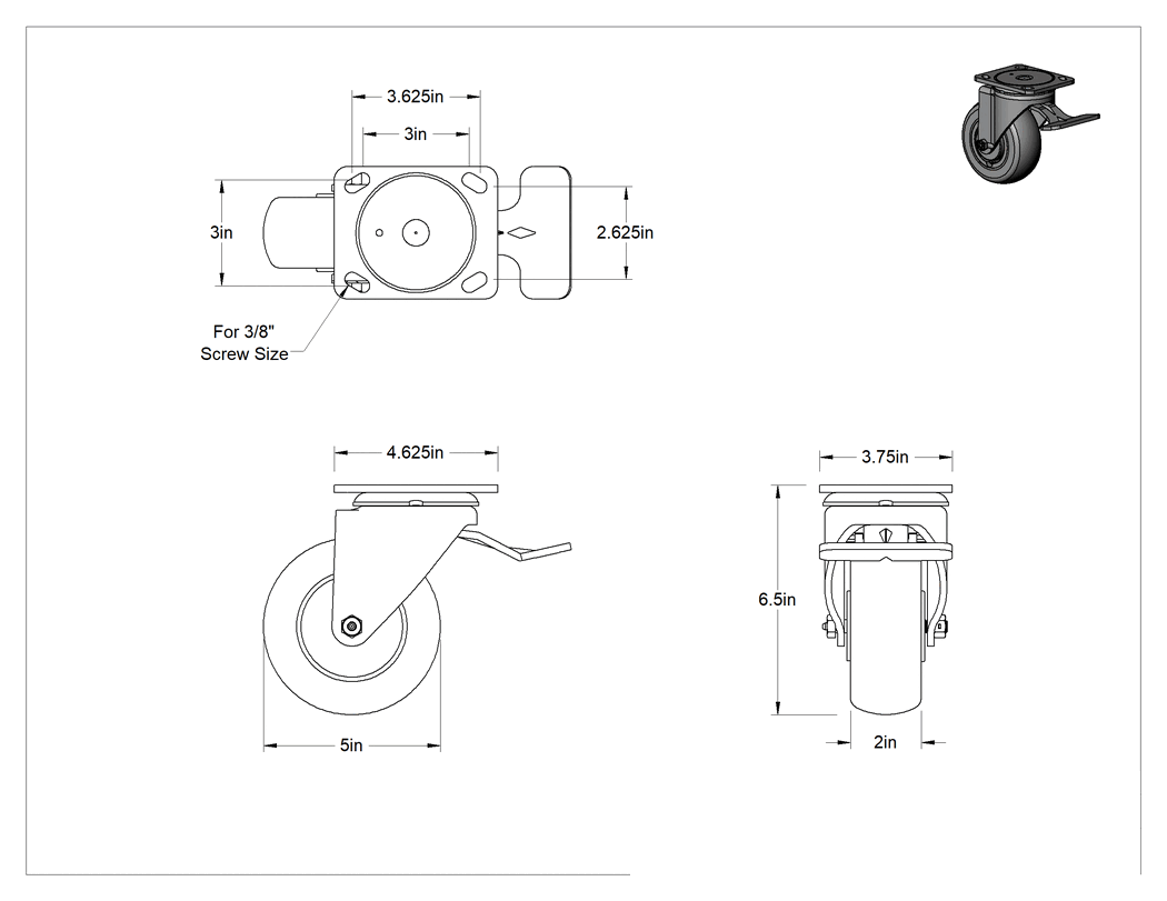 Teknik Çizim - 4-5/8" x 3-3/4" Plakalı Kolay Dönen Tekerlek, Yüksek Kapasiteli, Kilitli ve 5 inç Çapında Kırmızı Poliüretan Tekerlekli Döner Ayak