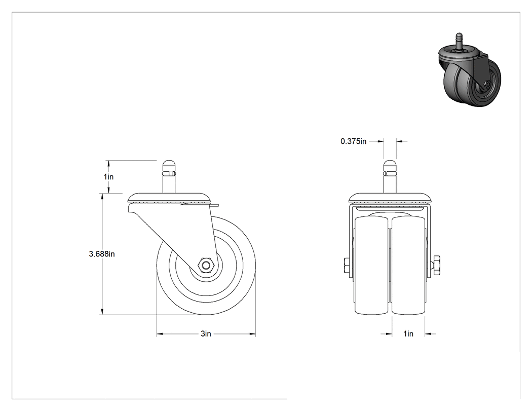 Teknik Çizim - Tutuş Halkalı Sürtünmeli Tutuşlu Saplı Tekerlek, 3 inç Çapında 80A Kauçuk Tekerlekli Döner Tekerlek, 3/8" Mil Çapı