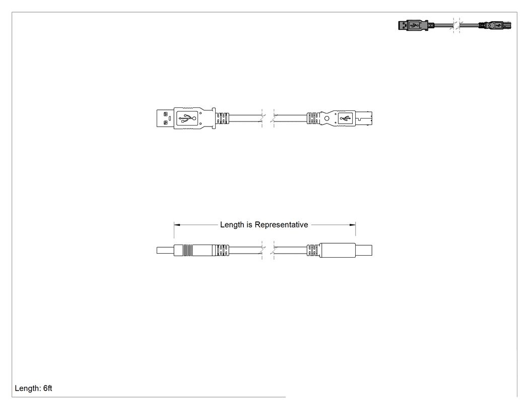 Teknik Çizim - USB Kablosu, USB Standart 2.0, 6 Fit Uzunluğunda A Fiş x B Fiş