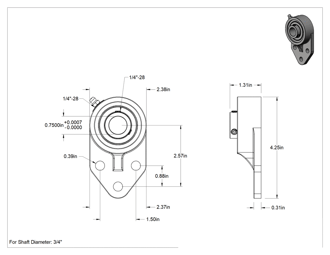 Teknik Çizim - Üç Cıvatalı Flanşlı Montajlı Bilyalı Rulman, Yiyecek ve İçecek, 3/4" Mil Çapı için, 2-37/64" Merkez Yüksekliği
