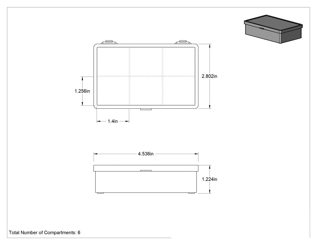 Teknik Çizim - Statik Kontrol Kutusu, 6 Bölmeli, İletken, 4-3/8" x 2-5/8" x 1-1/8"