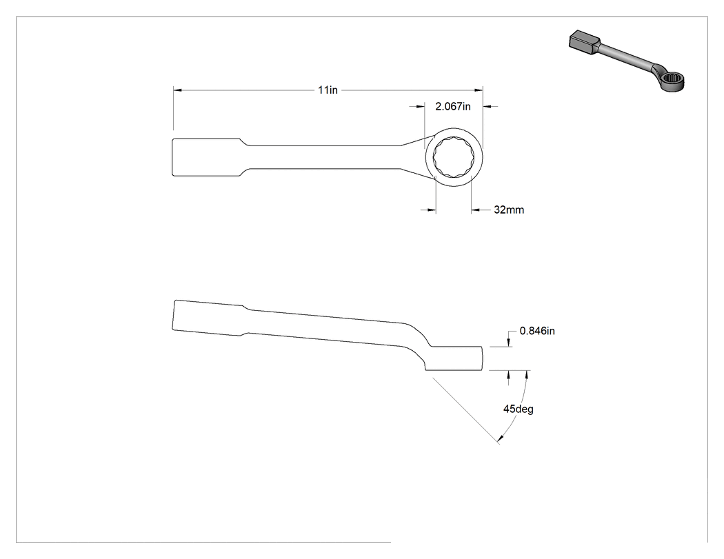 Teknik Çizim - Derin Ofsetli Çakma Kutusu Anahtarı, 32 mm Boyut, 11" Toplam Uzunluk