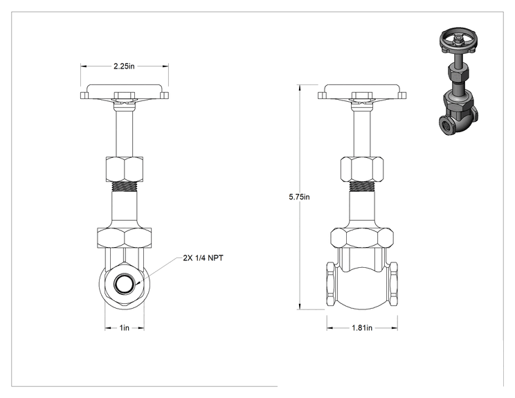 Teknik Çizim - Bronz Gövde ve Sürgülü Kademeli Açma/Kapama Vanası, Tekerlek Kolu ve Yükselen Mil, Sınıf 300, 1/4 NPT Dişi