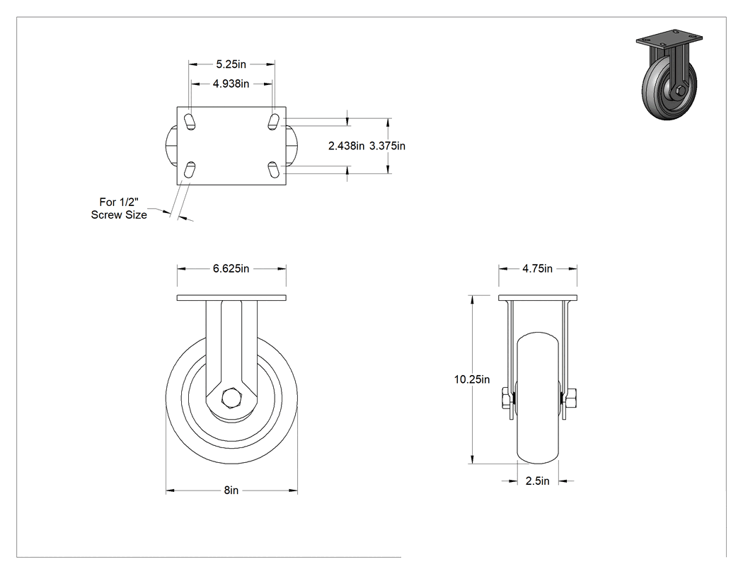 Teknik Çizim - 6-5/8" x 4-3/4" Plakalı Kolay Dönen Tekerlek, Yüksek Kapasiteli, 8 inç Çaplı Gri Poliüretan Tekerlekli Sert
