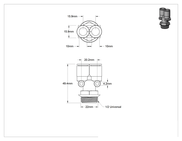 Teknik Çizim - Evrensel Dişli Bas-Bağlan Tüp Bağlantı Parçası, Hava ve Su için, Y, 10 mm Boru Dış Çapı x 1/2 Erkek Boru