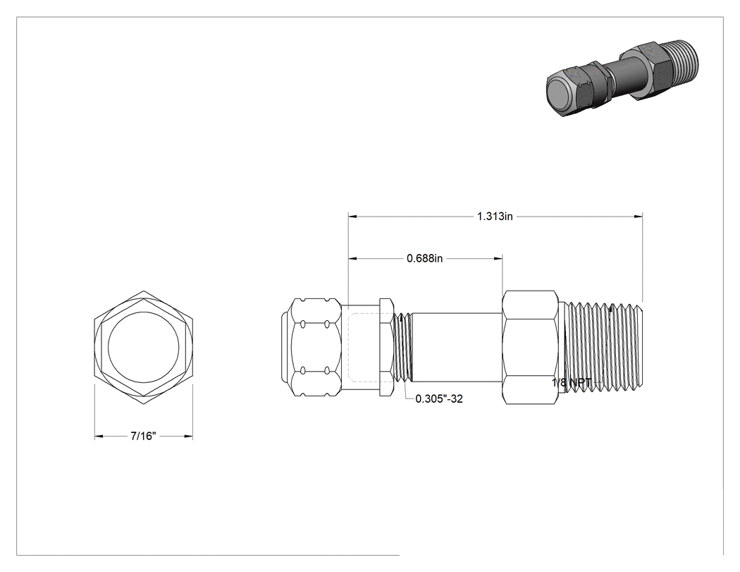 Teknik Çizim - Hava Doldurma Vanası, Nikel Kaplı Pirinç, NPT x 11/16" Uzunluğunda Schrader, 4000 PSI