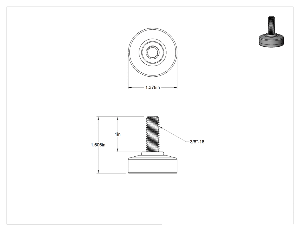 Teknik Çizim - Nikel Kaplama Çelik Tabanlı Sert Seviyelendirme Montaj Parçası, Naylon Yastıklı ve 1" Uzun 3/8"-16 Çinko Kaplı Çelik Saplama