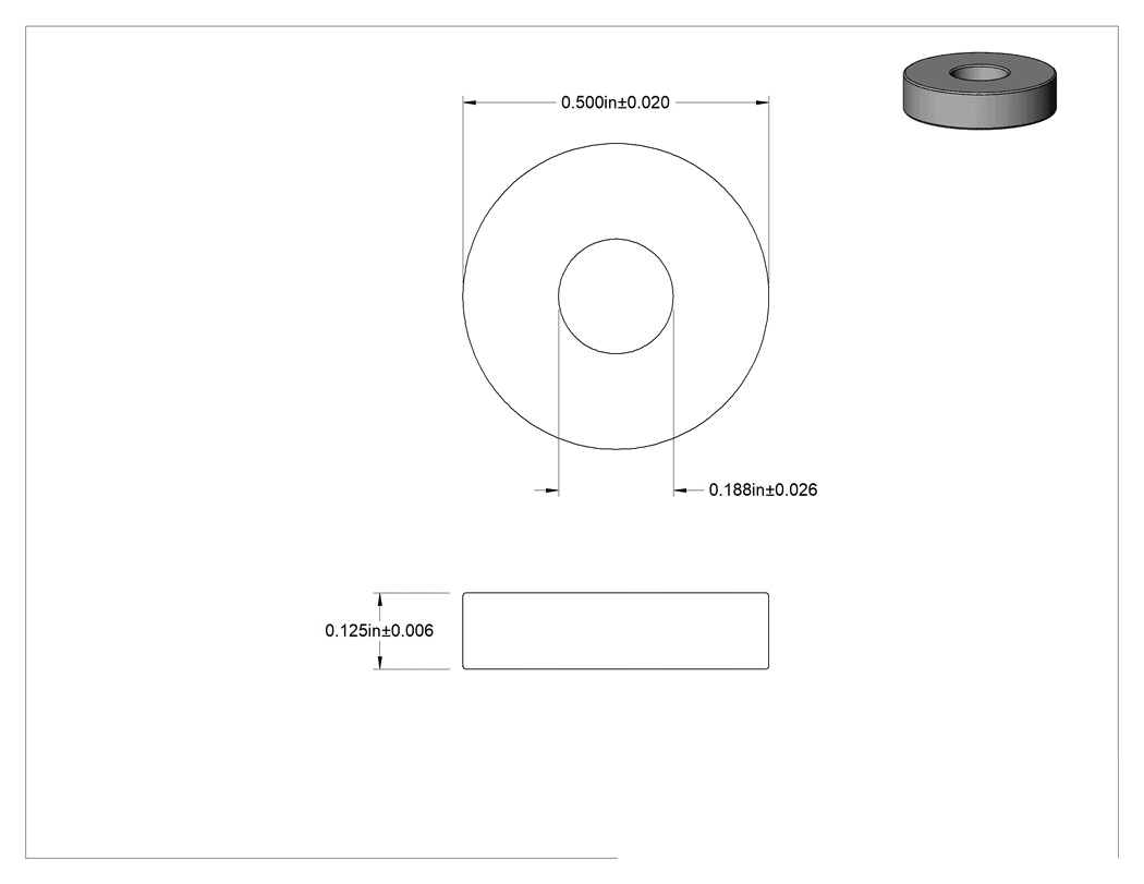 Teknik Çizim - Dişsiz Delikli Seramik Mıknatıs, 1/8" Kalınlık, 1/2" Dış Çap